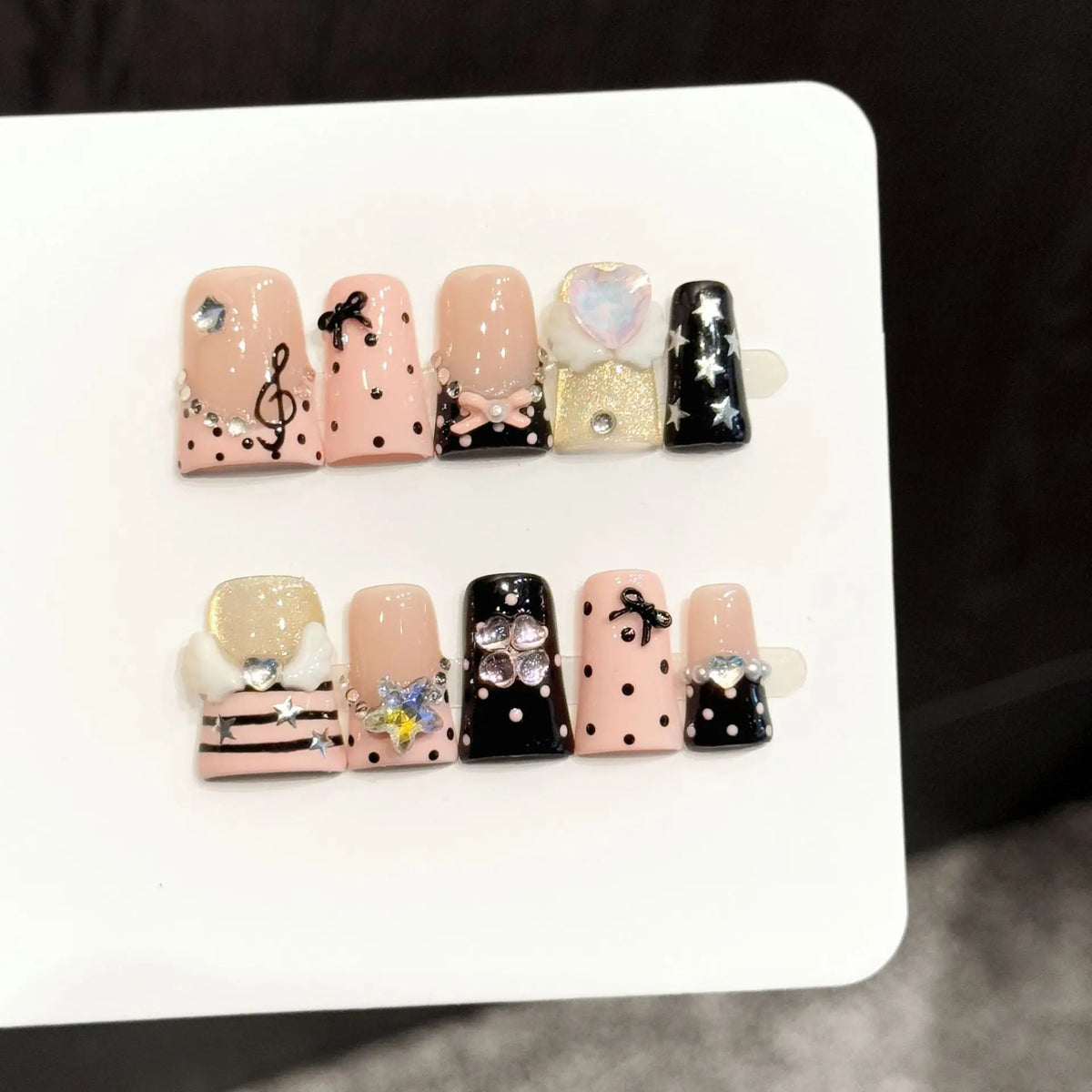 10pcs short duck bill press-on false nails with pink French tips, 3D butterfly flowers, pearls, hearts and rhinestones