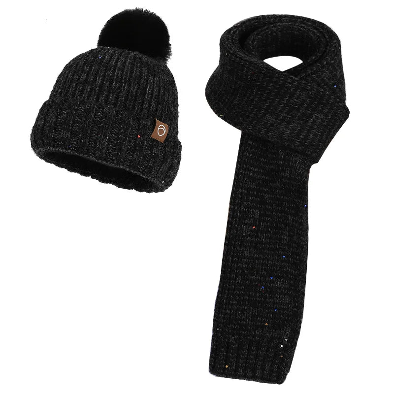 Women's wool knit neck scarf, gloves, and cap set in a warm winter design, HSF Marketplace