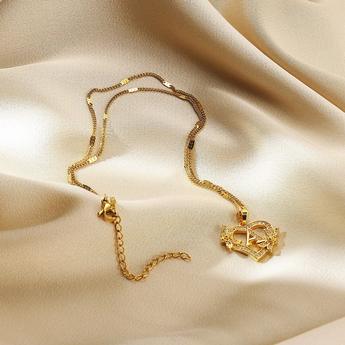 Gold heart initial letter necklace for women with stainless steel chain, featuring alphabet pendant from HSF Marketplace jewelry collection.