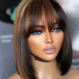 Highlight blonde short bob lace glueless human hair wig with bangs, Brazilian straight P1B/30 style for women