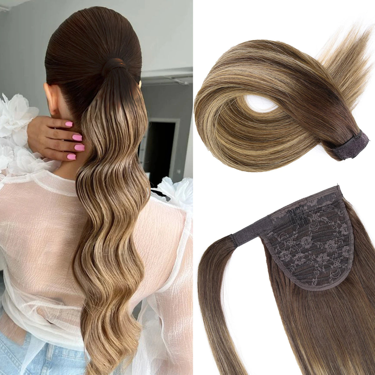HSF Marketplace straight human hair ponytail extension with clip and wrap-around design for women