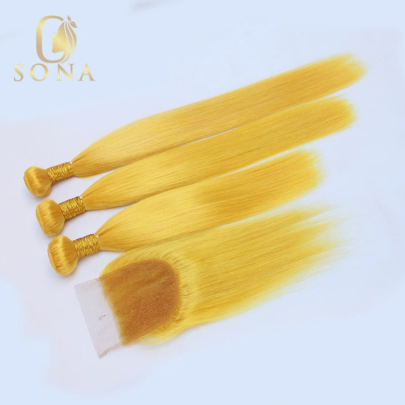 Yellow straight human hair bundles with 4x4 lace closure, HSF Marketplace sew-in wefts, 100% human hair for natural style