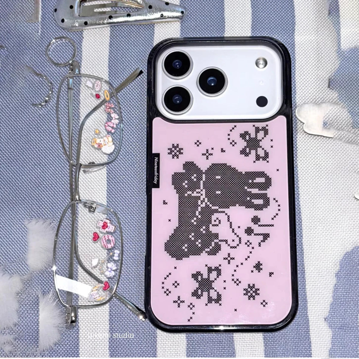 Cute pixel rabbit angel wings phone case for iPhone models, white rabbit design with pastel wings