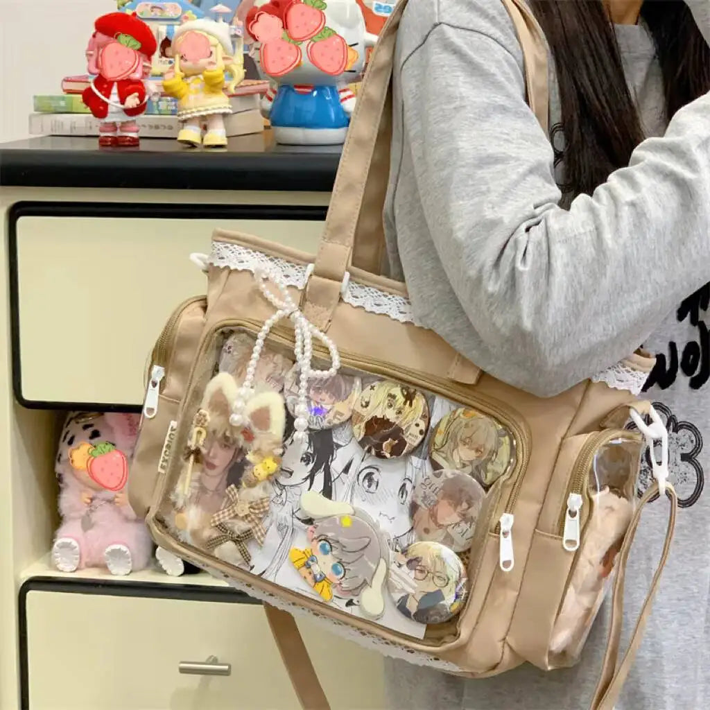 Transparent Y2K Japanese Ita shoulder bag by HSF Marketplace, featuring a large capacity tote with casual crossbody style and cute lolita design.