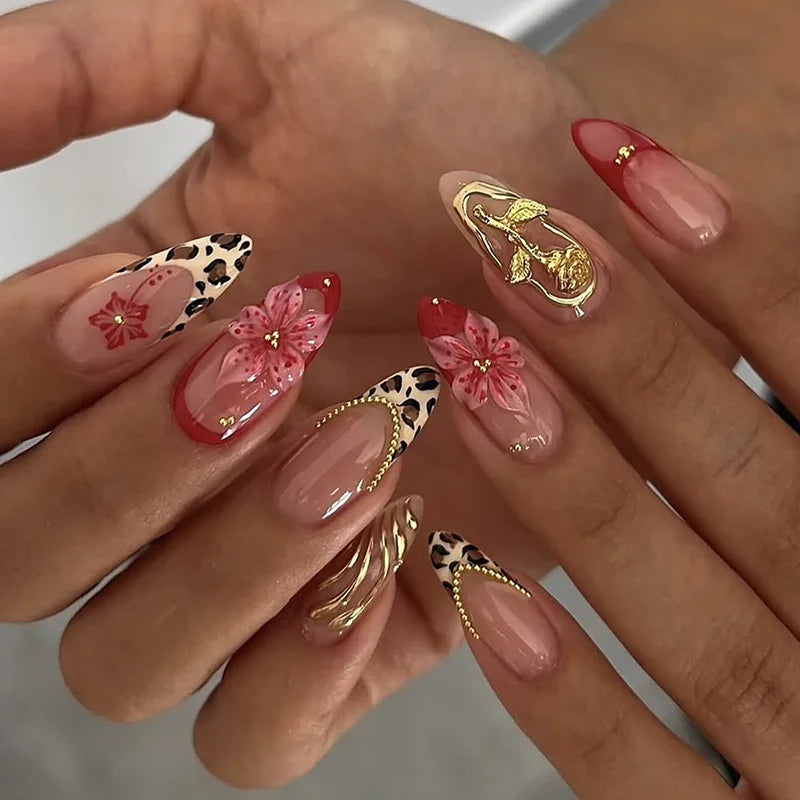 24-piece pink flower almond press-on false nails, kawaii wearable stick-on nail tips by HSF Marketplace