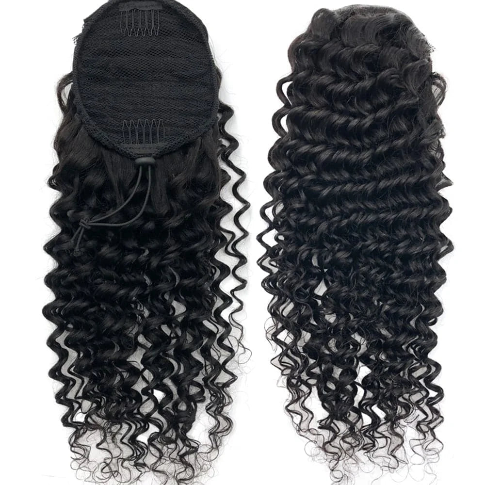 Deep wave curly drawstring ponytail made from 100% Remy human hair for Black women