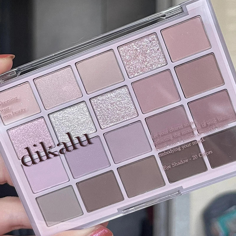 20-color Korean eyeshadow palette with purple matte, pearlescent, glitter shades for eye makeup
