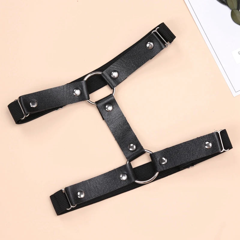 Black elastic garter belt harness with decorative straps, gothic lingerie accessory for women