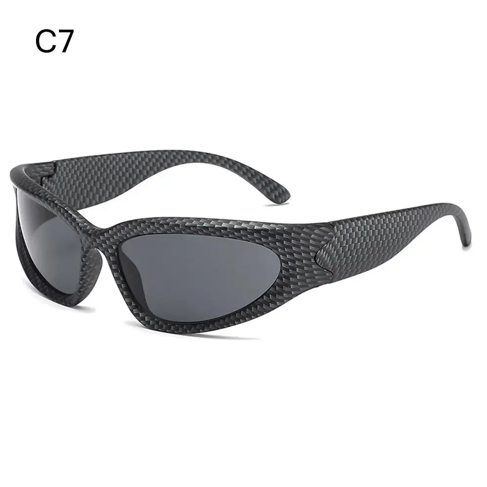 Y2K rimless punk sunglasses by HSF Marketplace, wrap-around sporty eyewear for women and men with a luxury brand style.