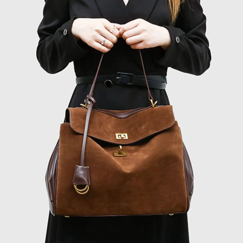 Large capacity women's split leather tote bag in a spacious everyday handbag design