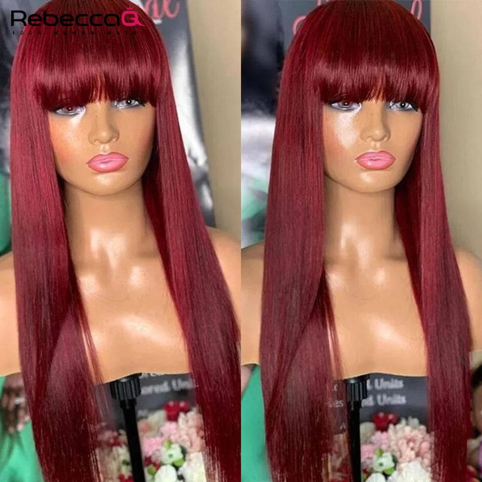 Bright burgundy straight human hair wig with bangs, featuring colored Brazilian Remy hair for women, suitable for cosplay or Halloween.