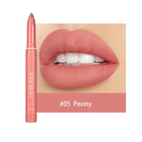 Cherry red waterproof matte lipstick and lip liner pencil with nude pink lip contour for natural, plumping lip makeup.