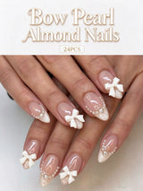 HSF Marketplace almond-shaped white press-on false nails with handmade bows and pearl decorations