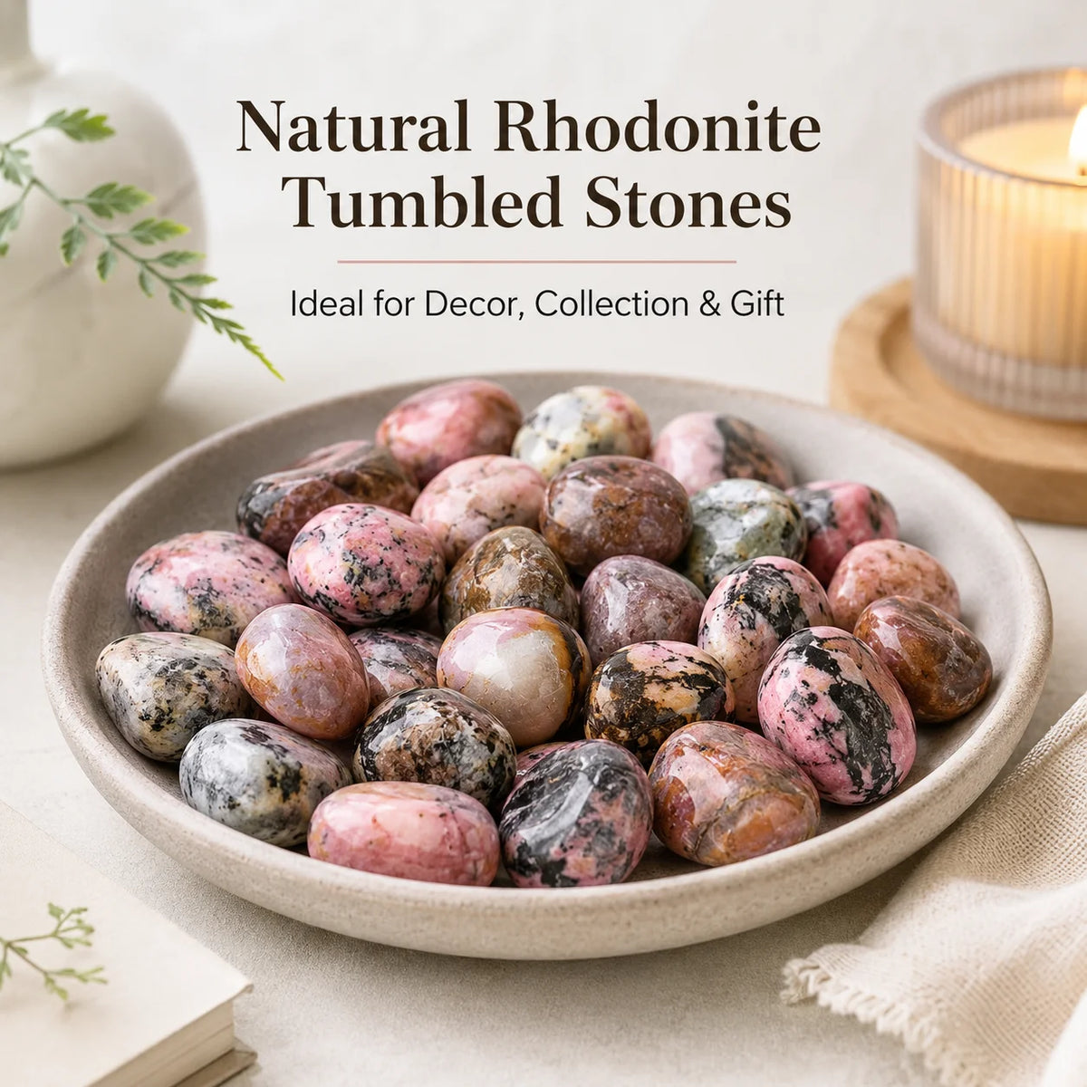 300g Natural Rhodonite Tumbled Stones 2-3cm Polished Pink Black Crystal Bulk for Decor Gift