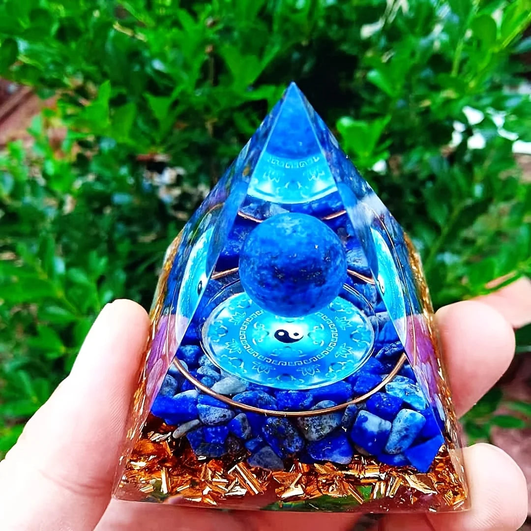 1Pc Orgone Pyramid, Natural Lapis Lazuli Sphere, Energy Orgone Pyramid Stone Decoration, Tai Chi Diagram, Bedside Decoration