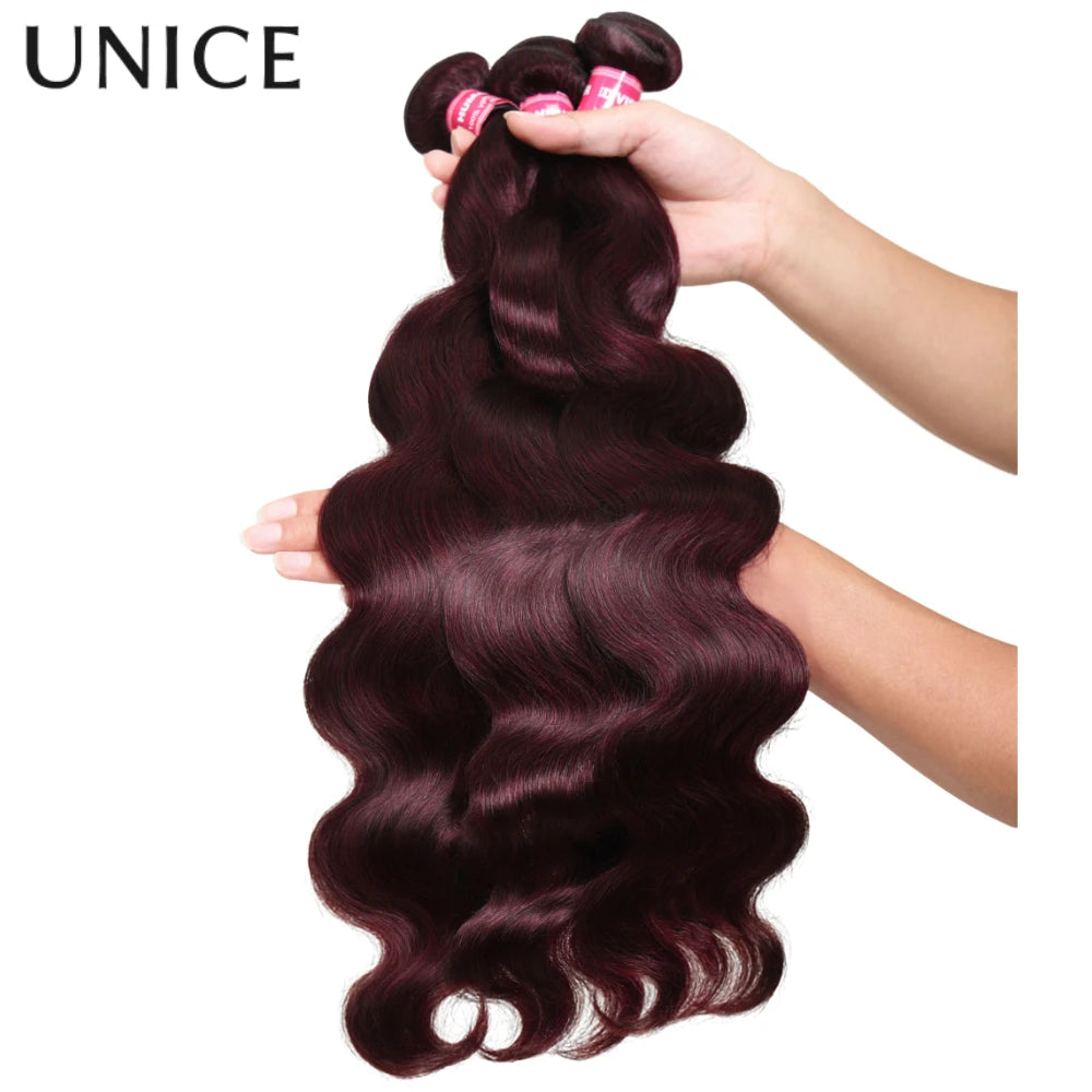 UNice Hair Black Cherry Body Wave Human Hair Bundles 2/3/4 PCS With 1PC Free Part 4x4 Inch Lace Closure