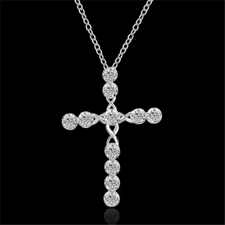 Sterling silver 45cm crystal necklace with cross charm, elegant jewelry for women, perfect for wedding or special occasions.