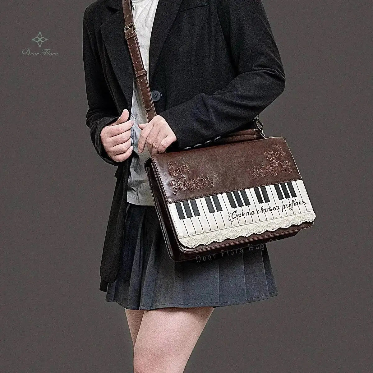 Vintage piano shoulder bag for women, stylish black crossbody ita bag with piano key design