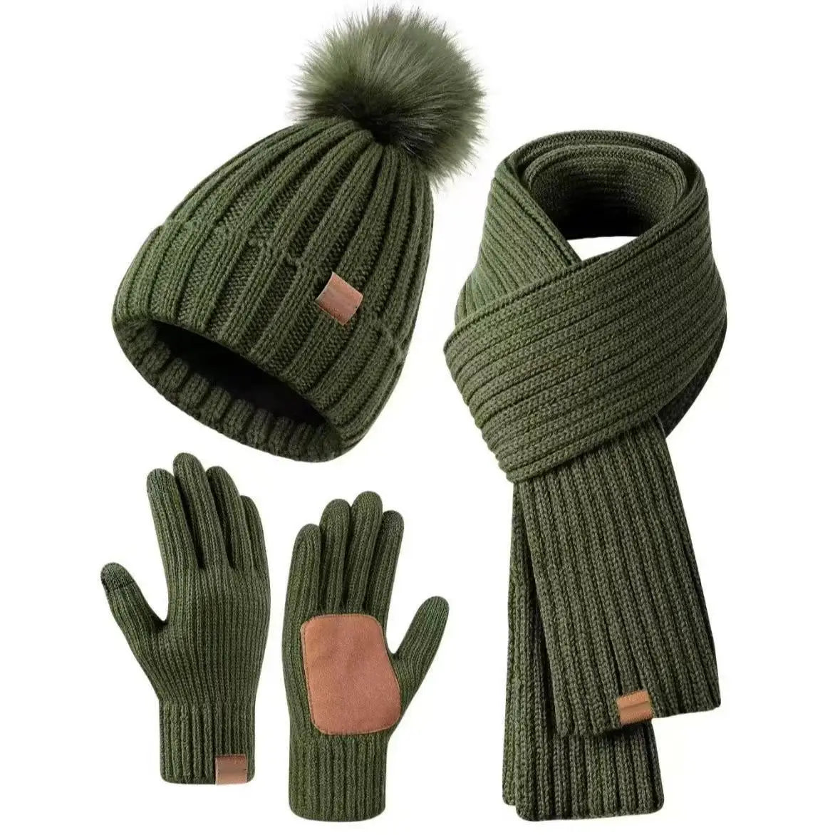 Women's warm winter touchscreen gloves, hat, and scarf set in soft cold-weather knit.
