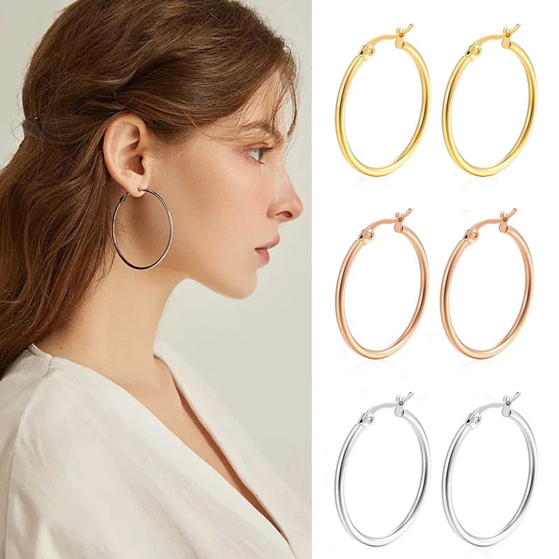Classic stainless steel hoop earrings for women, 30–80mm size range