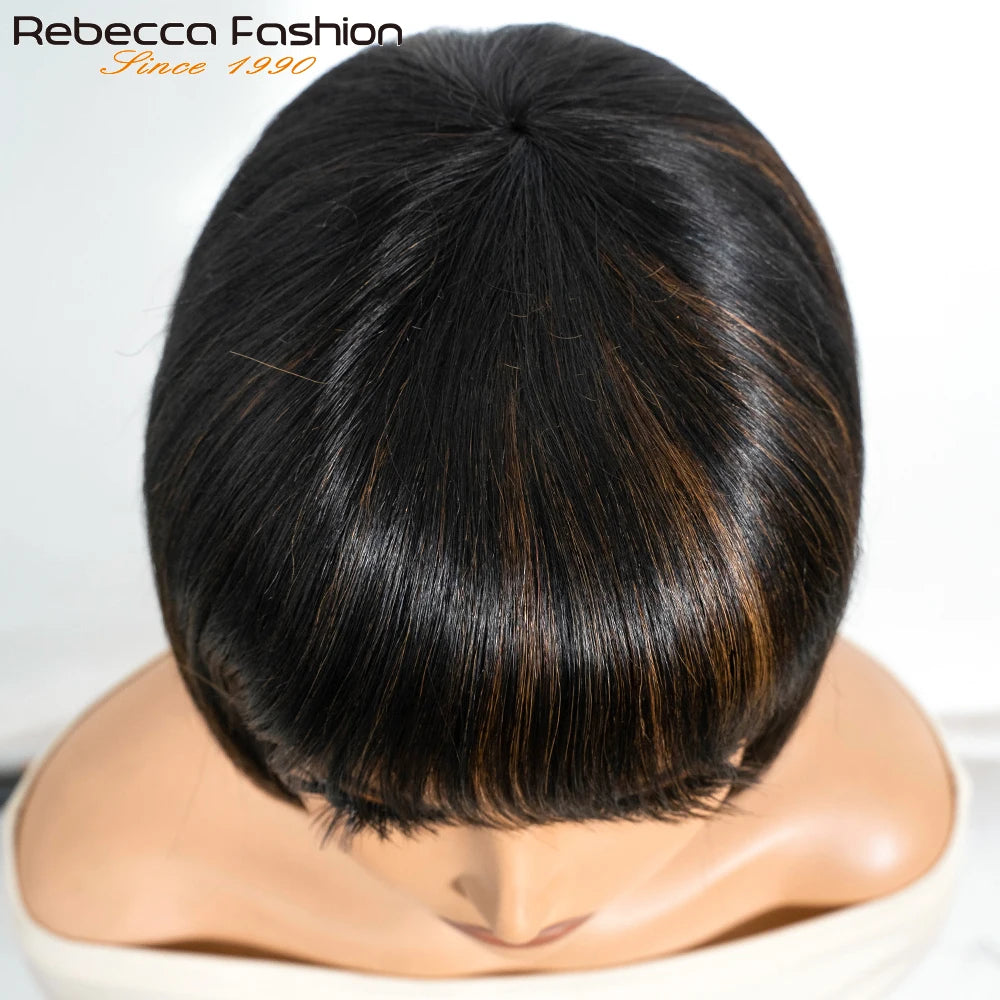Rebecca short bob wig with bangs, Brazilian straight mixed-color 1B/30 glueless human hair wig for women