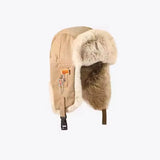 Black and grey women's Russian ushanka bomber hat with thick warm fur, earflaps, and winter ski cap design