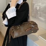 Large capacity black PU shoulder bag with buckle decoration, stylish all-match handbag for women, featuring a spacious purse design.