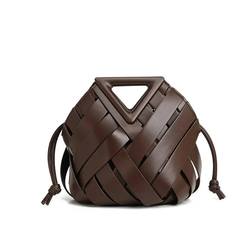 Fashionable vegan leather woven tote bag for women, top handle purse and crossbody handbag with stylish design by HSF Marketplace.