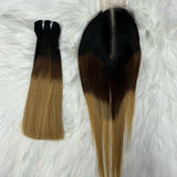 Two 6-inch lace closure and colored Vietnamese human hair bundles with ombre remy hair for extensions, by HSF Marketplace.