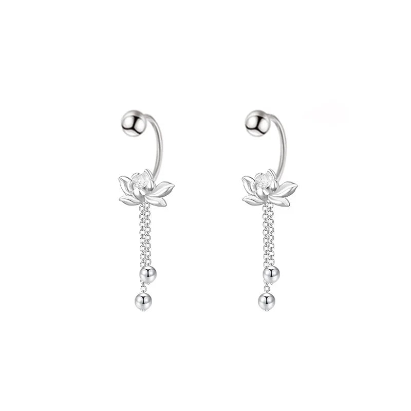 Vintage lotus earrings in 925 sterling silver for women, featuring detailed floral petals and a polished finish