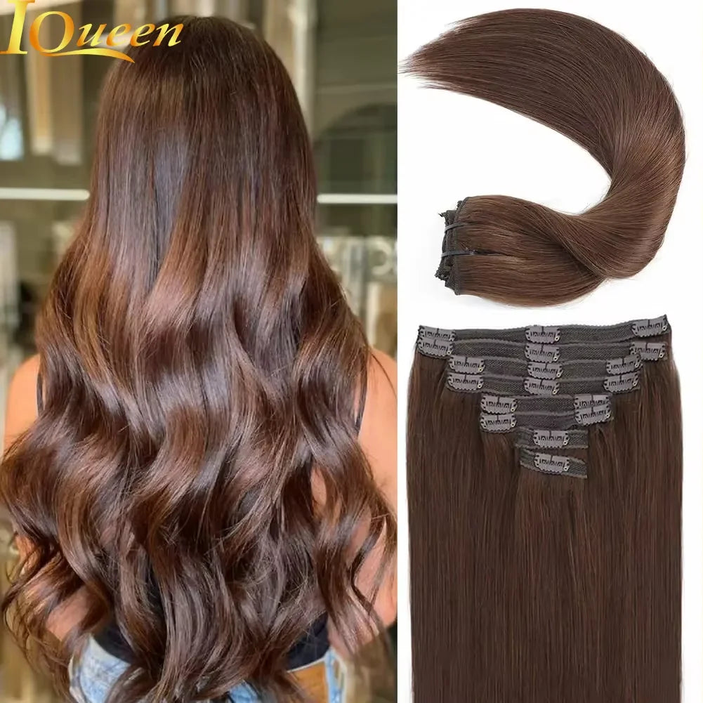 24-inch chocolate brown real human hair clip-in extensions, 8-piece set with clips and natural black tones