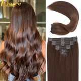 24-inch chocolate brown real human hair clip-in extensions, 8-piece set with clips and natural black tones