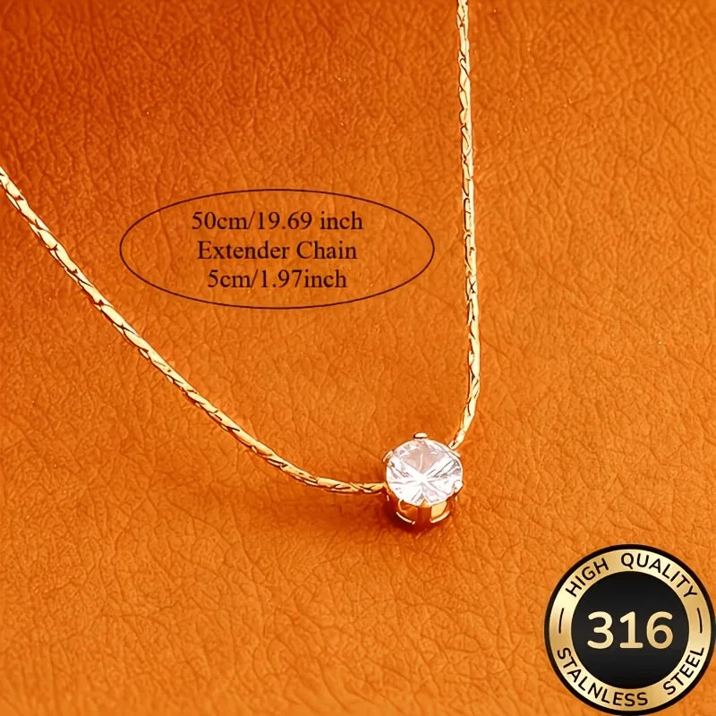Waterproof stainless steel solitaire necklace with cubic zirconia, hypoallergenic jewelry chain for women, fashion accessory.