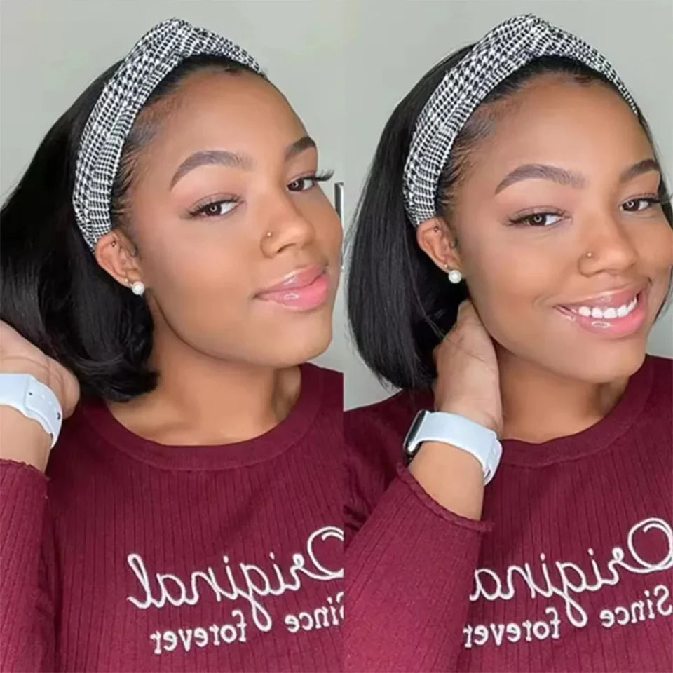Short straight bob headband wig in Peruvian Remy human hair, 8-16 inches, machine-made scarf wig