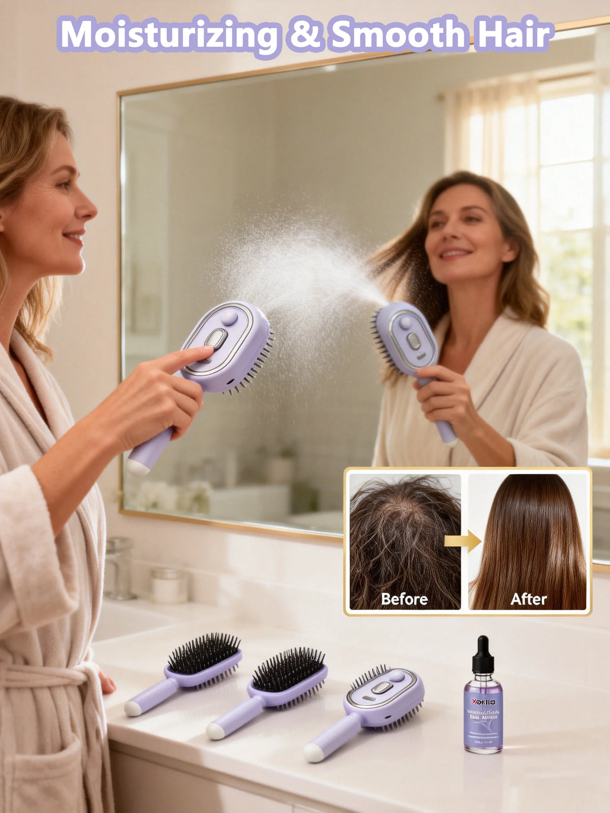 Professional R&D Spray Hair Brush 2-In-1 Misting Hair Brush with Water Spray Reduce Frizz Anti-Static Retractable Steam Massage