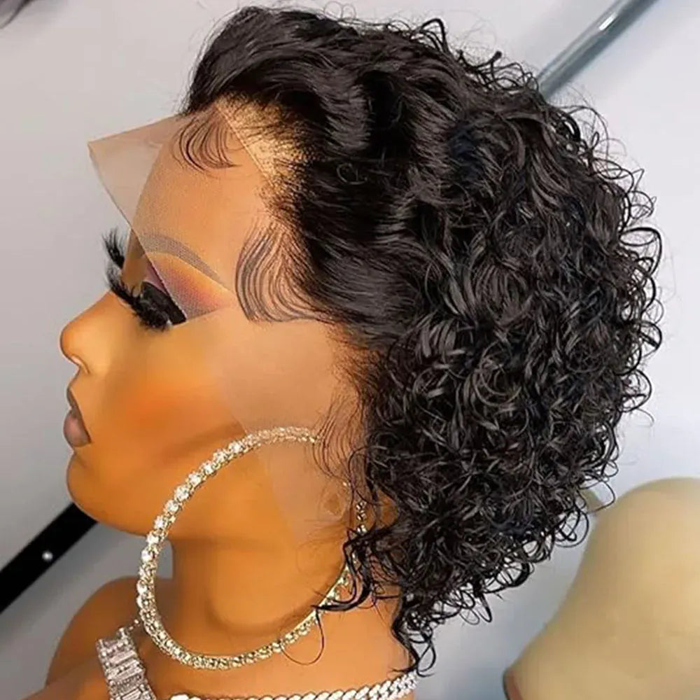 200% Pixie Cut Wigs Human Hair Short Curly Lace Front Human Hair Wigs For Women Water Wave Bob Wig 13x1 Transparent Lace Wigs