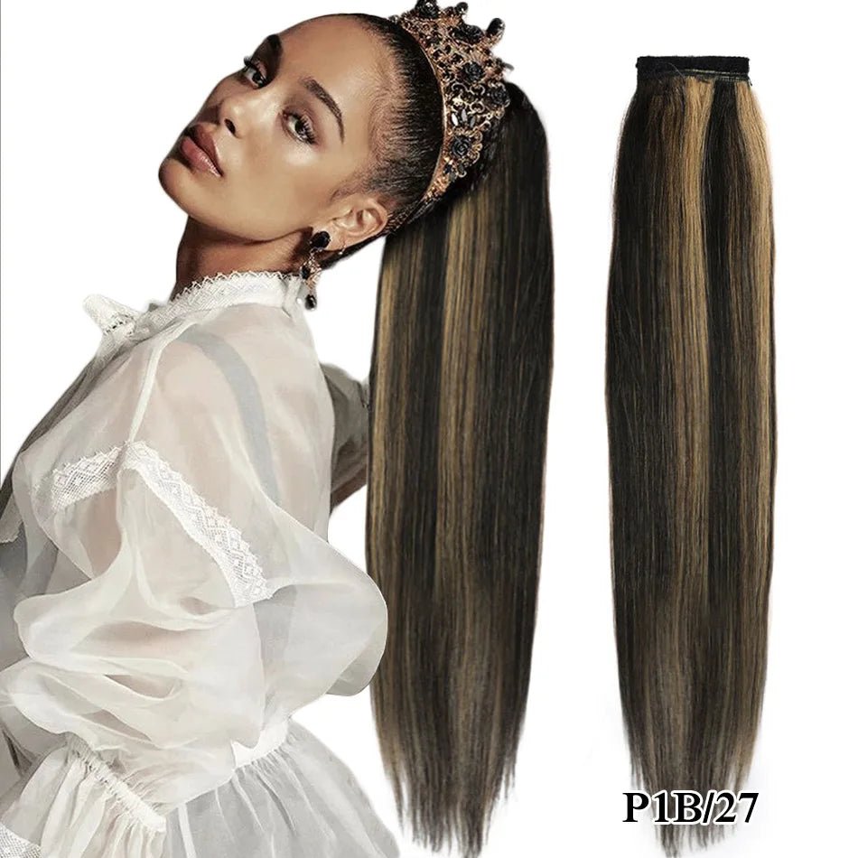 Brazilian Remy human hair clip-in ponytail, thick straight wrap-around hairpiece by Real Beauty, 30–75cm