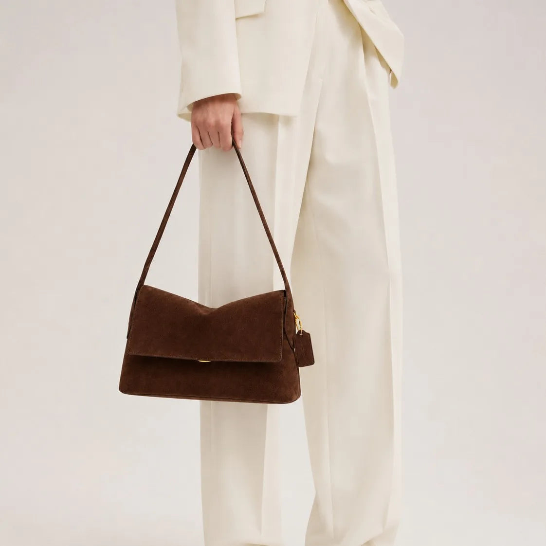 Vintage faux suede shoulder bag for women by HSF Marketplace, structured handbag with adjustable shoulder strap