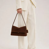 Vintage faux suede shoulder bag for women by HSF Marketplace, structured handbag with adjustable shoulder strap