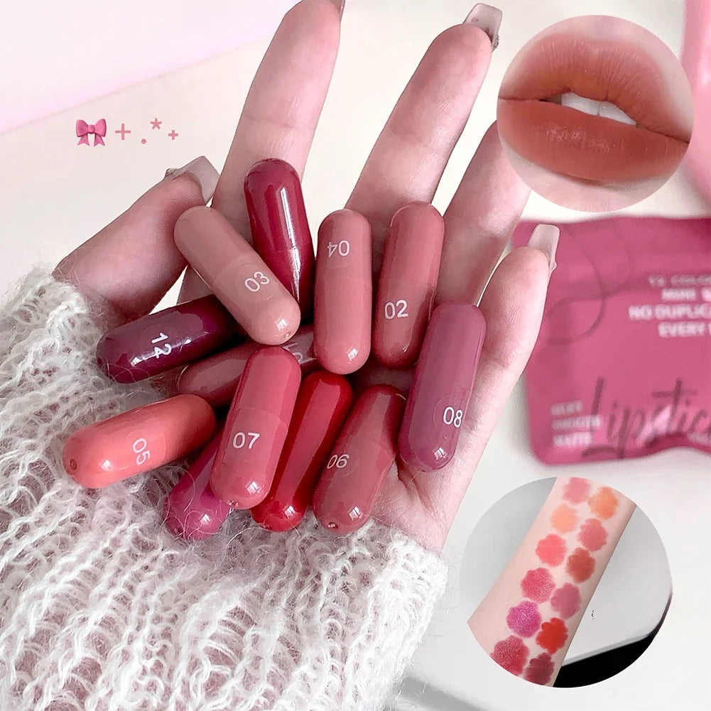 HSF Marketplace 12-color matte lipstick set with long-lasting, non-fading lip balms for women, ideal for festival makeup looks.