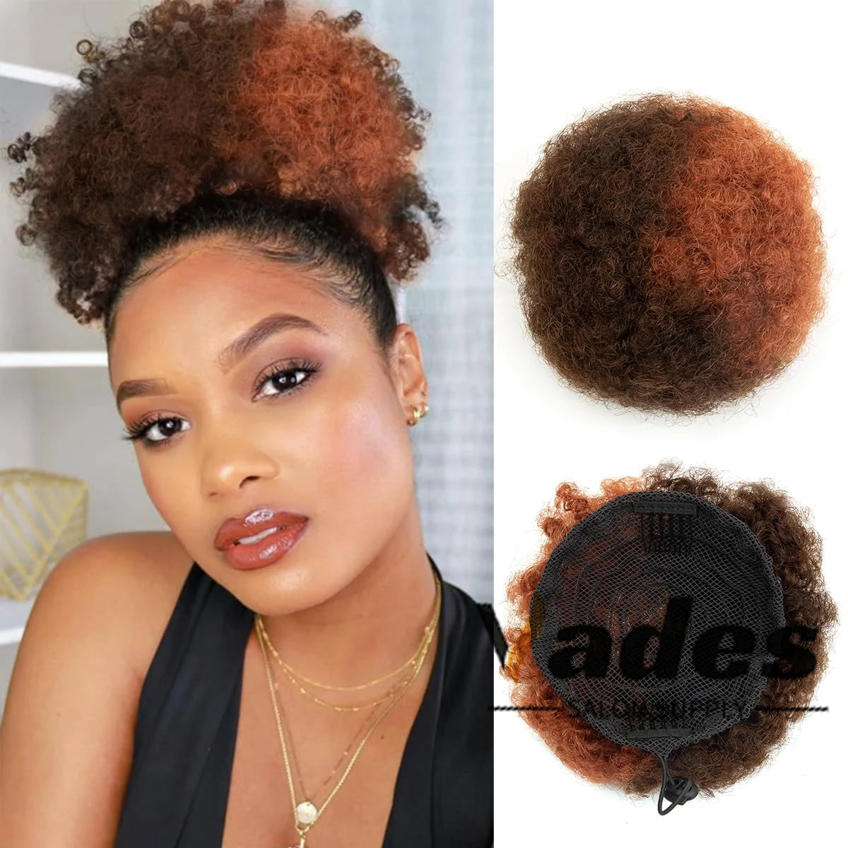Curly human hair afro kinky puff drawstring ponytail high bun hair piece in black, 8 inch