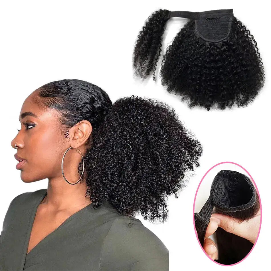 Afro kinky curly Mongolian human hair clip-in wrap-around ponytail extension piece
