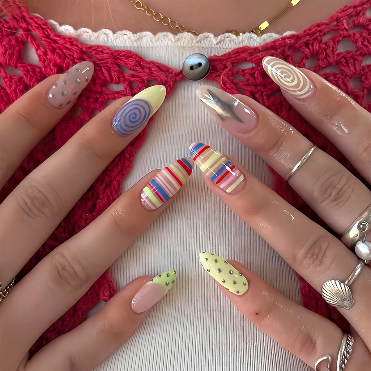 24-piece almond shape false nails with brown stripes and pink flowers, full-cover acrylic nail tips