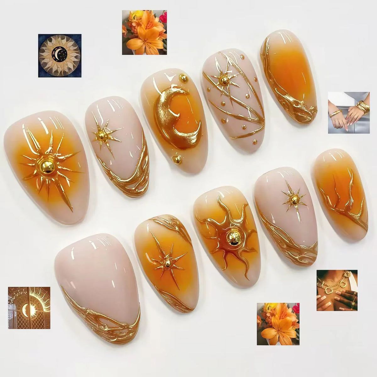 24-piece Y2K gradient blue French press-on almond nails with gold moon and star designs by HSF Marketplace