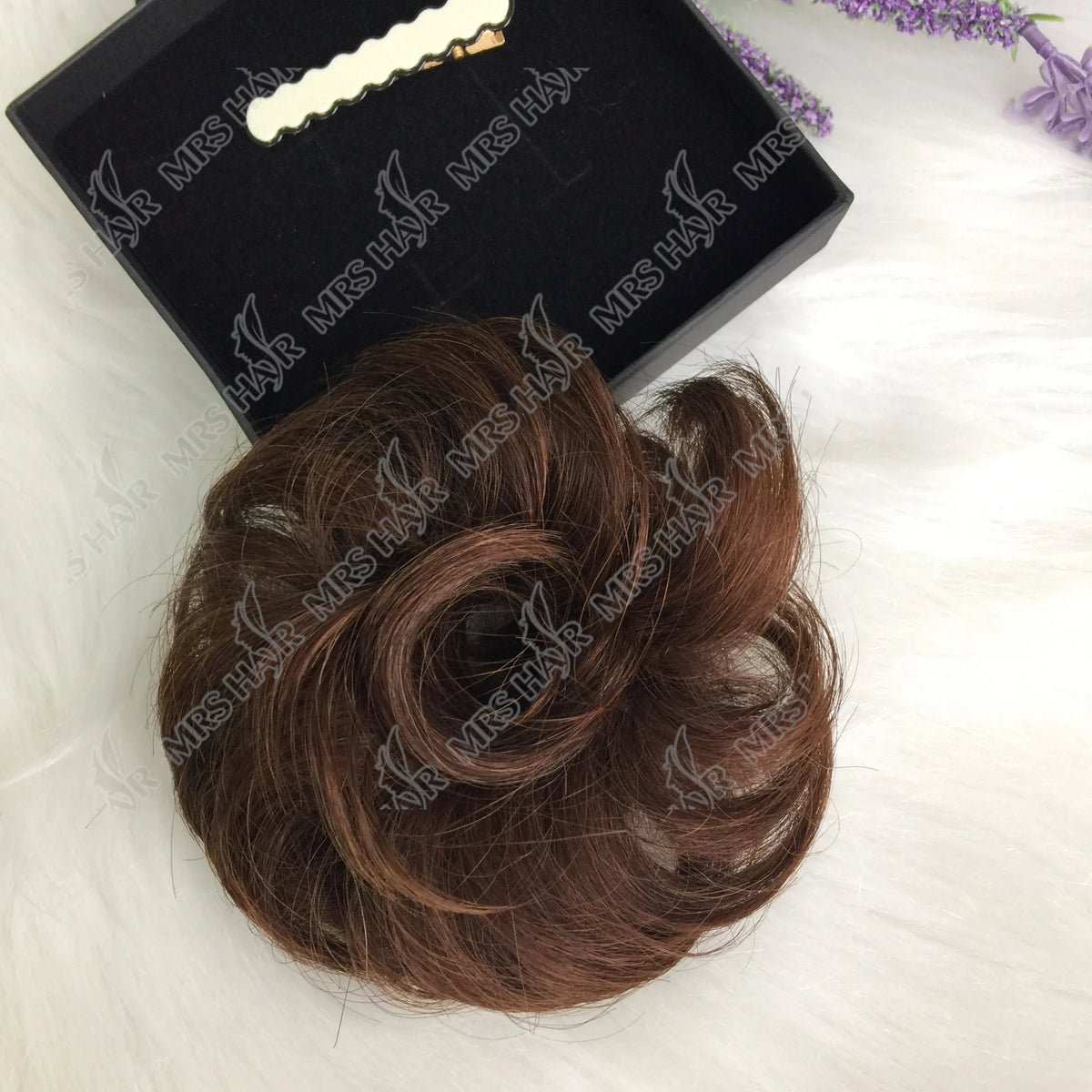 Elegant messy bun hairpiece, curly wave real human hair ponytail extension in natural fluffy style by HSF Marketplace