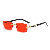 Rimless rectangular fashion sunglasses for women and men with small lenses, stylish travel shades by HSF Marketplace.