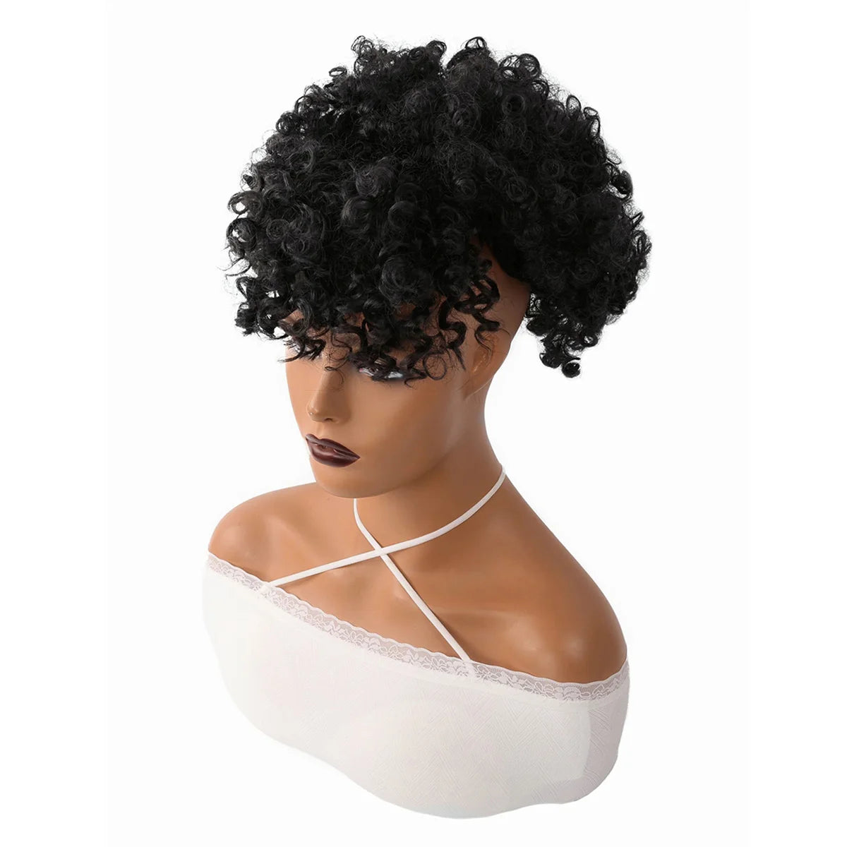 Afro puff drawstring ponytail with bangs, short kinky curly pineapple updo bun for Black women and girls
