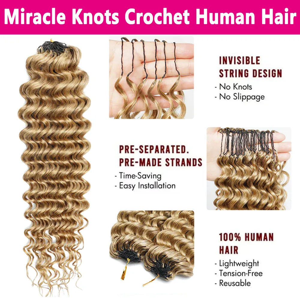 #27 Honey Blonde Miracle Knots Crochet Human Hair Deep Wave Feather Crochet Hair For Boho Braids Burmese Curly Crochet Hair Deep Wave Bundles 100% Human Hair Crochet Hair Extension Deep Curly Crochet Hair For Black Woman  #30