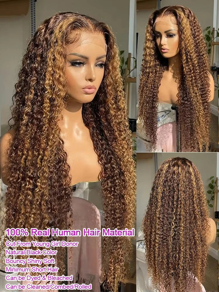 Highlight Brown Wig 13x4 HD Transparent Human Hair Deep Wave Frontal Wig Hd Lace Wigs 30 36 Inch Burmese Curly Wigs P4/27 Colored Water Wave 13x6 Full Lace Wig Wet and Wavy Lace Frontal Wigs Bleached Knot 250% Density ﻿