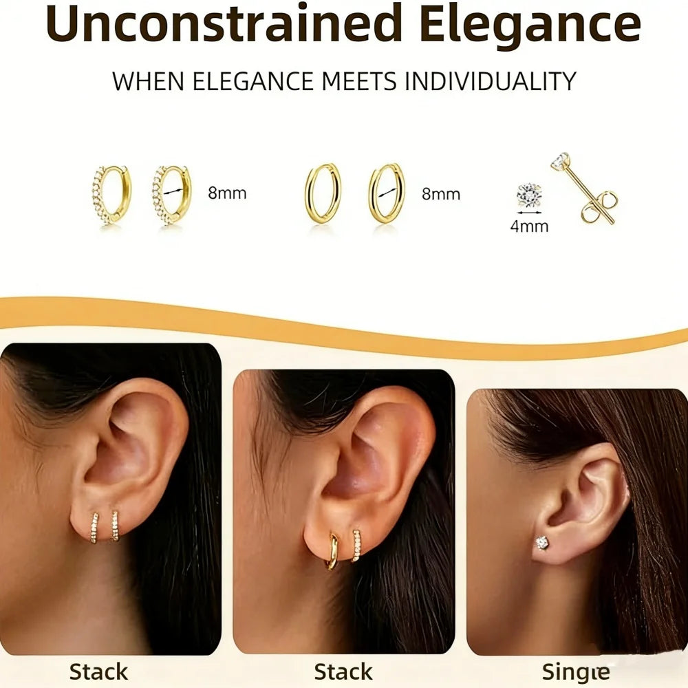S925 sterling silver stacked mini cubic zirconia earrings set, hypoallergenic non-tarnishing jewelry by HSF Marketplace